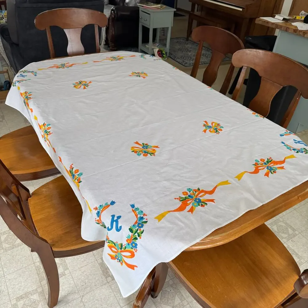 Fabric Painted Floral Tablecloth Monogram K Yellow Orange Cottage Core 54x68